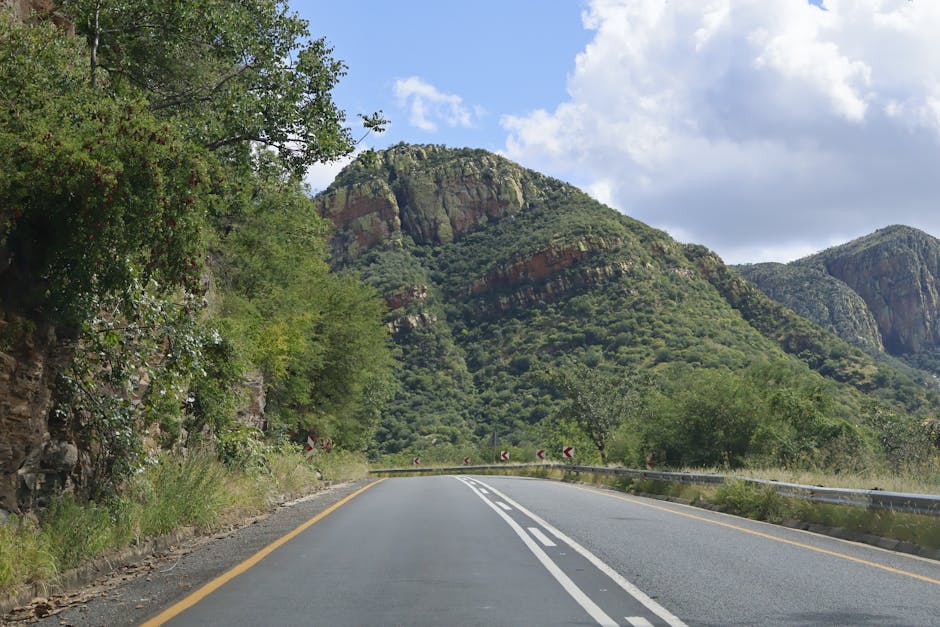 A picturesque highway through lush mountains, perfect for travel and adventure scenes.