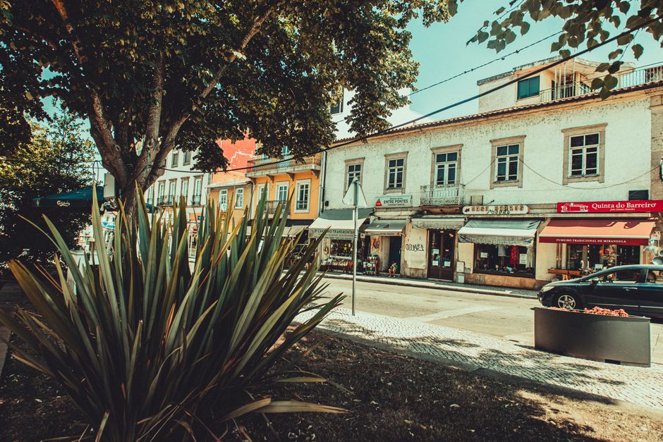 Picturesque street scene with shops and lush greenery on a sunny day in Europe.