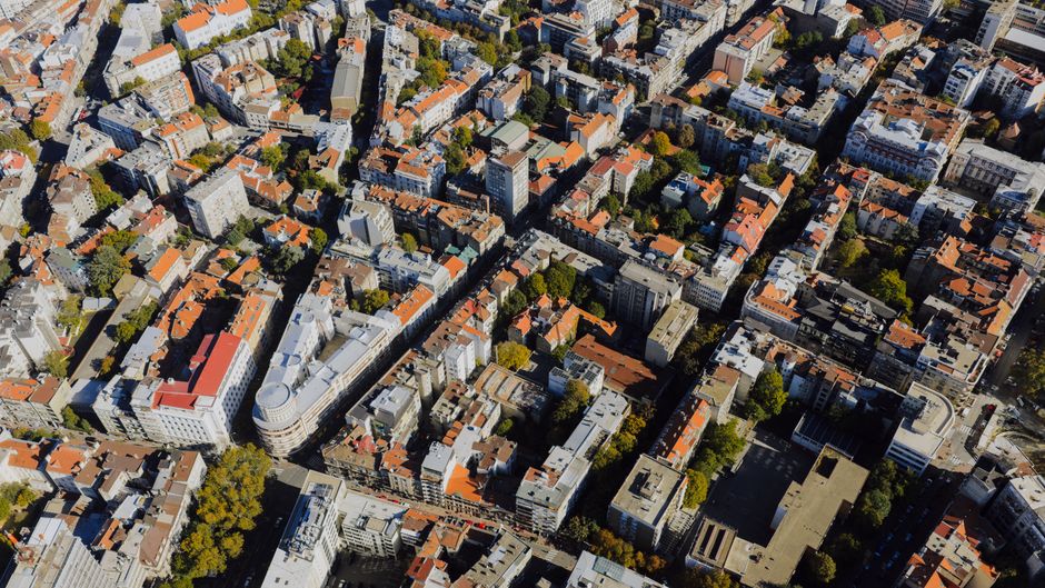Aerial view of the vibrant urban landscape in Belgrade, Serbia, showcasing a mix of architectural styles.
