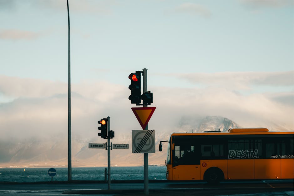 Traffic signals with a yellow city bus in front of scenic foggy mountains.